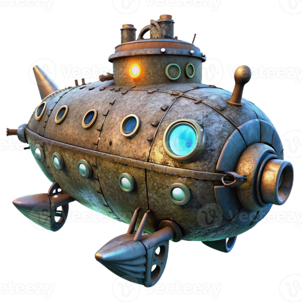 wonderful minimalist elegant traditional A steampunk submarine, covered in barnacles and rust, navigating through a dark, bioluminescent underwater world.... png