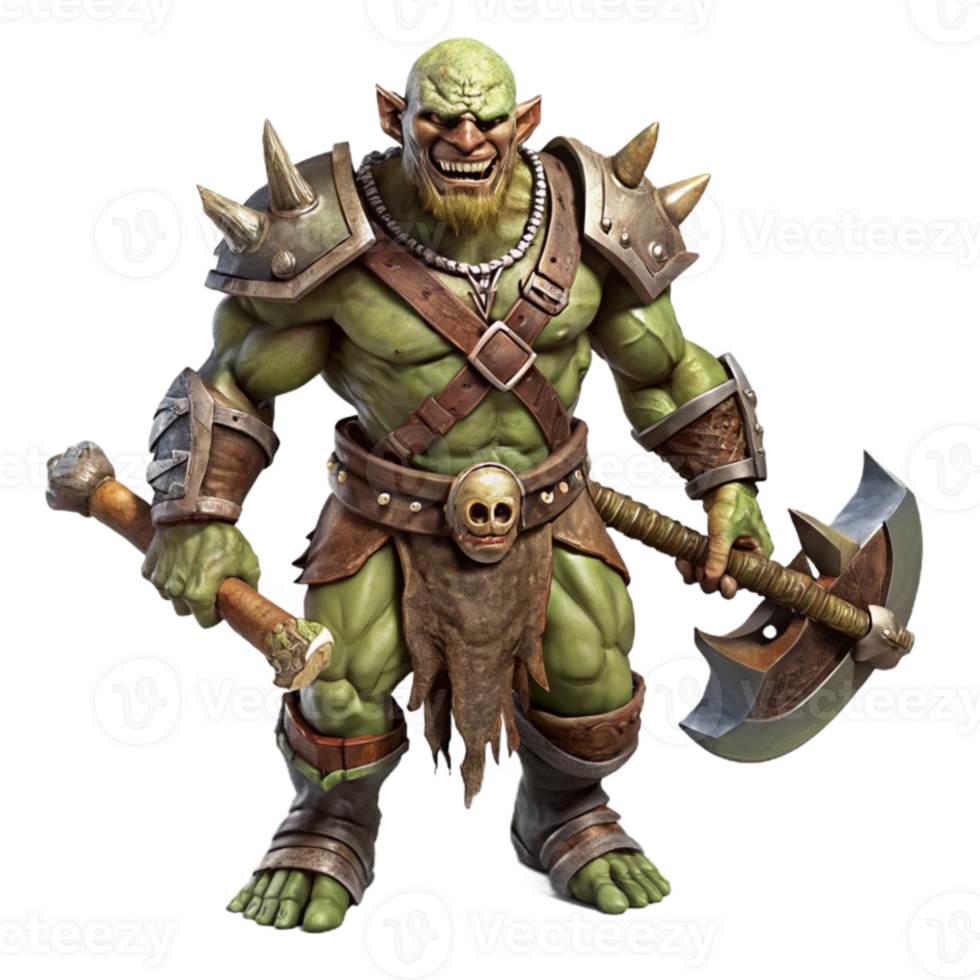 wonderful classic A fierce orc chieftain wearing elaborate tribal tattoos and wielding a massive battle axe, standing amidst a battlefield strewn with the bodies of his enemies.... png