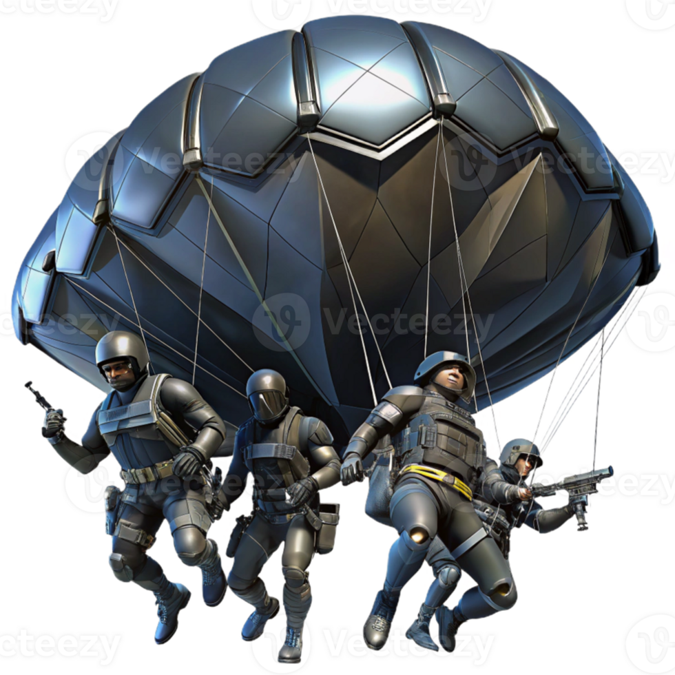 magnificent vintage A group of futuristic soldiers, in sleek black armor, rappelling down from a hovering dropship. Dark, tactical lighting. Military sci fi style 4K png