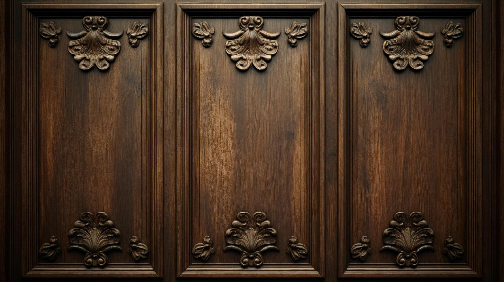 Detailed brown wooden panels with ornate leaf carvings create a warm, inviting, antique style, showcasing fine wood grain and craftsmanship. photo