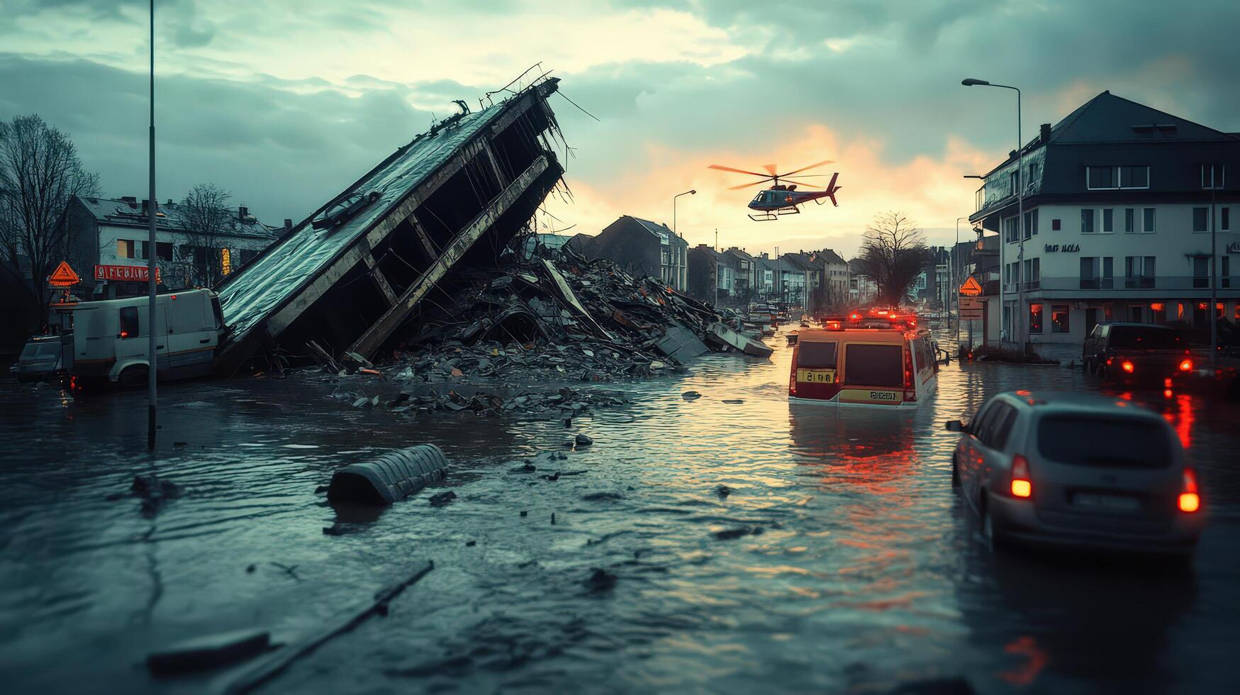 Flooded city with collapsed bridge, strong currents, helicopters rescuing survivors photo