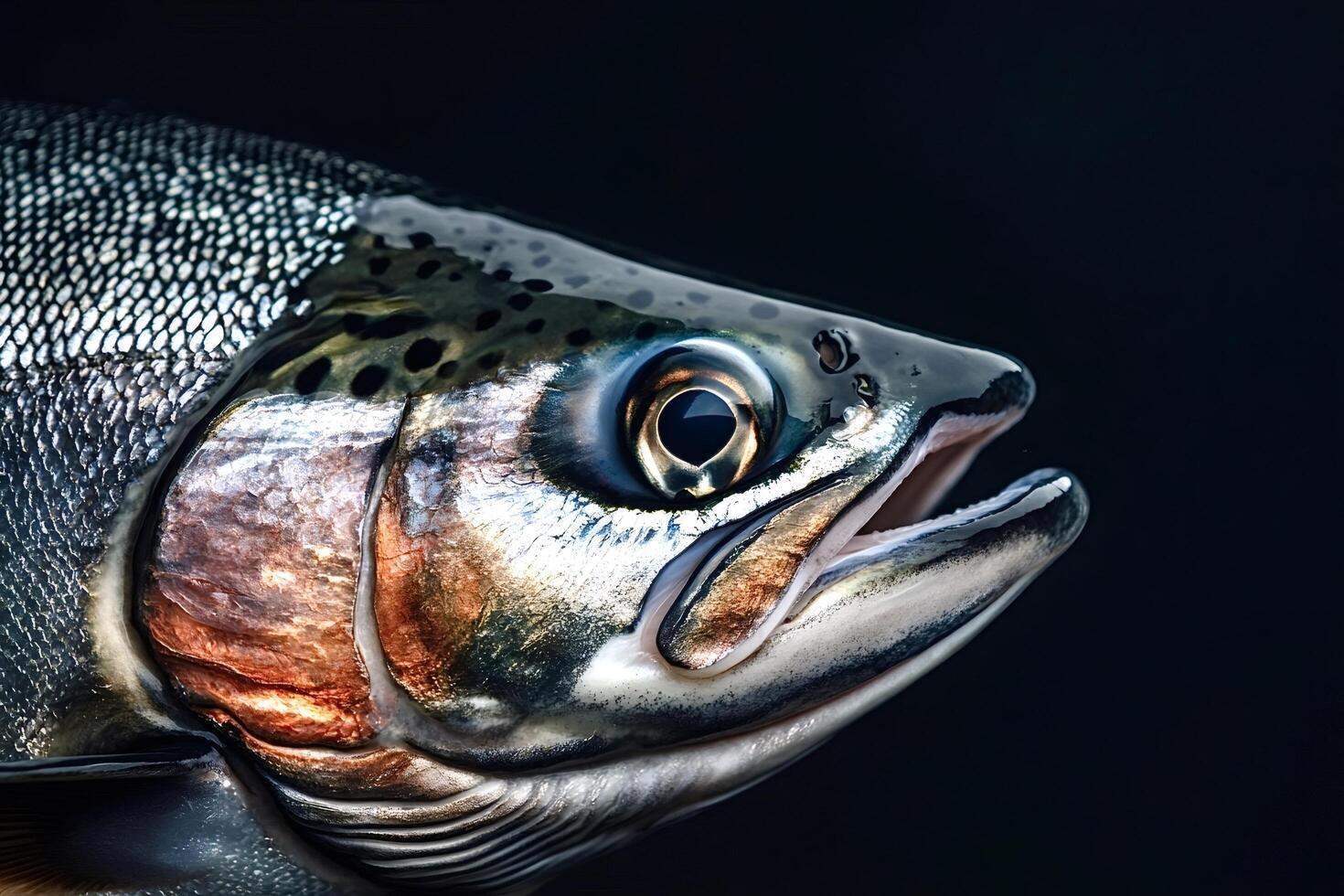 Cutthroat trout emerging from dark water with gills showing photo