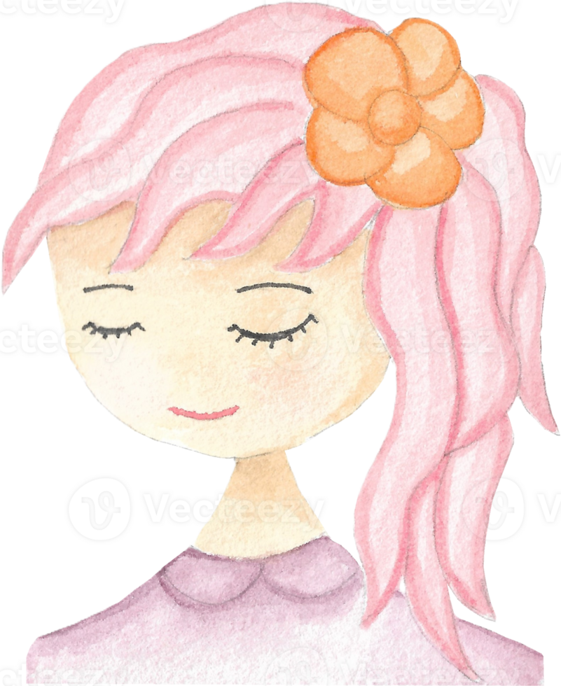 A closed eyes girl and cute smile with pink pony hair and an orange flower on violet shirt that is drawn and painted by hand in watercolor cartoon style png