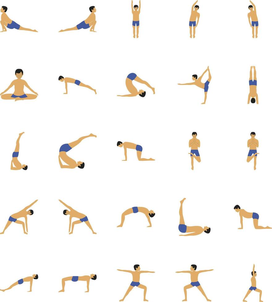 Set of 25 multicolor icons related to stress management.yoga poses set of man in various poses. vector