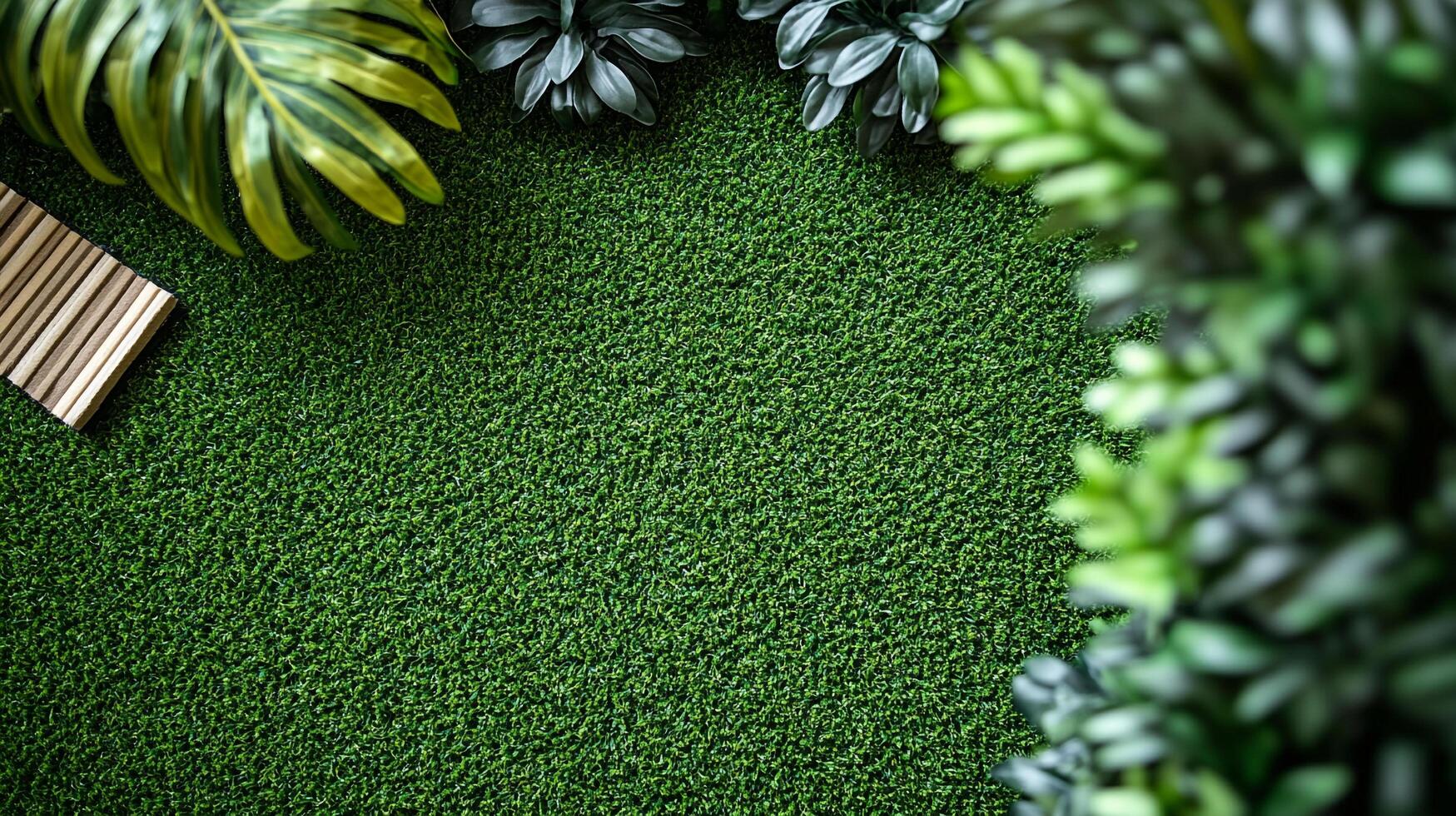 Overhead view of a lush, green artificial turf surface bordered by leafy plants and a small wooden slat structure. High-angle shot. photo