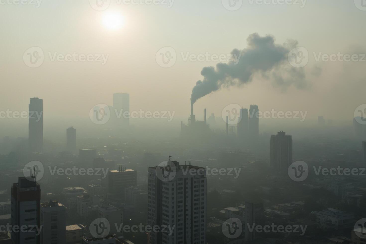 A polluted city with tall buildings and a thick layer of smog, a large plume of smoke rising from a factory, the sun shining dimly through the haze, Scene01 photo