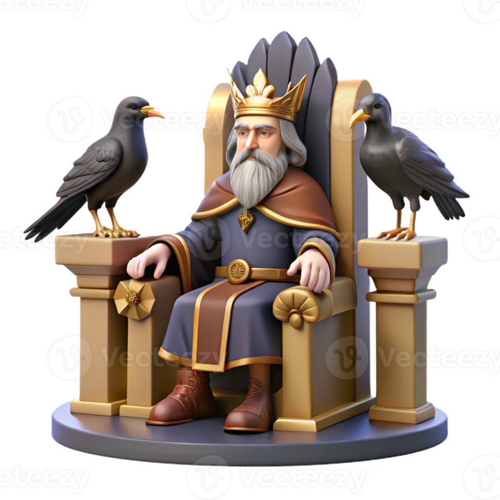 serene minimalist A wise Odin, the Allfather, seated on his throne Hlidskjalf, accompanied by ravens Huginn and Muninn, Norse mythology style high quality png