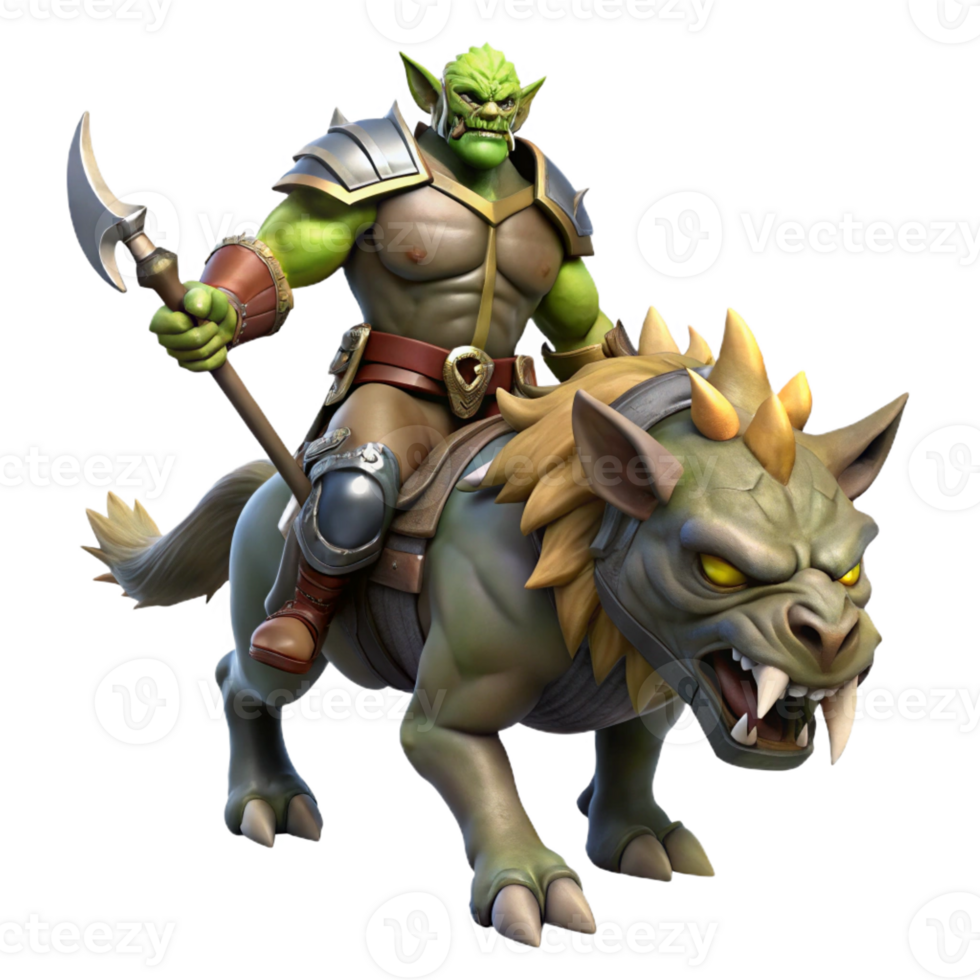 stunning modern A fierce orc chieftain riding a warg into battle, dynamic and action-packed lighting, realistic style high resolution png