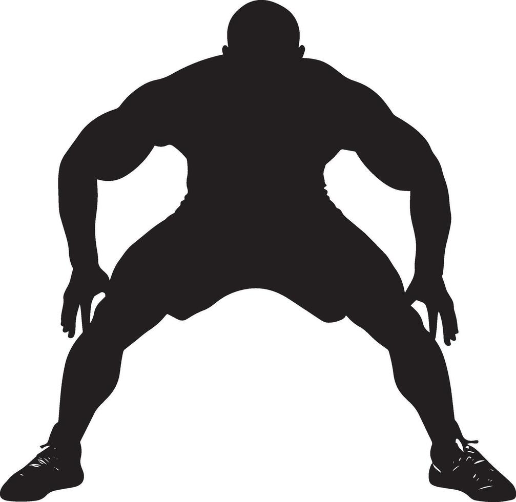 An athlete in a crouched position, prepared to execute a double-leg takedown, hands poised for a grab. Full-length silhouette black illustration. vector