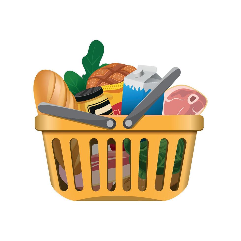 yellow grocery basket with products on white background vector