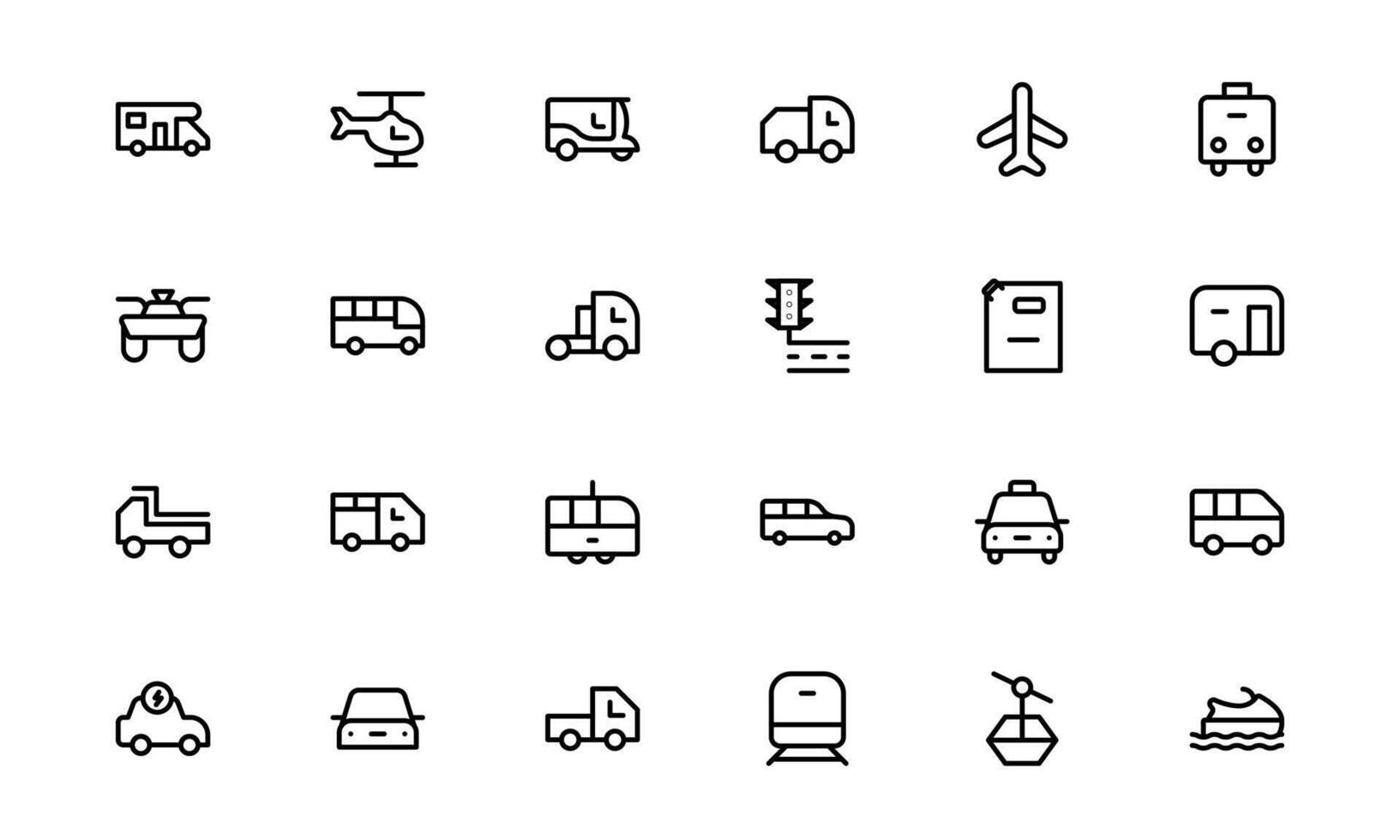 Comprehensive Transport Icon collection. Editable, Minimalist Line Icons for Shipping, Logistics, Public Transport, and Travel Projects. vector