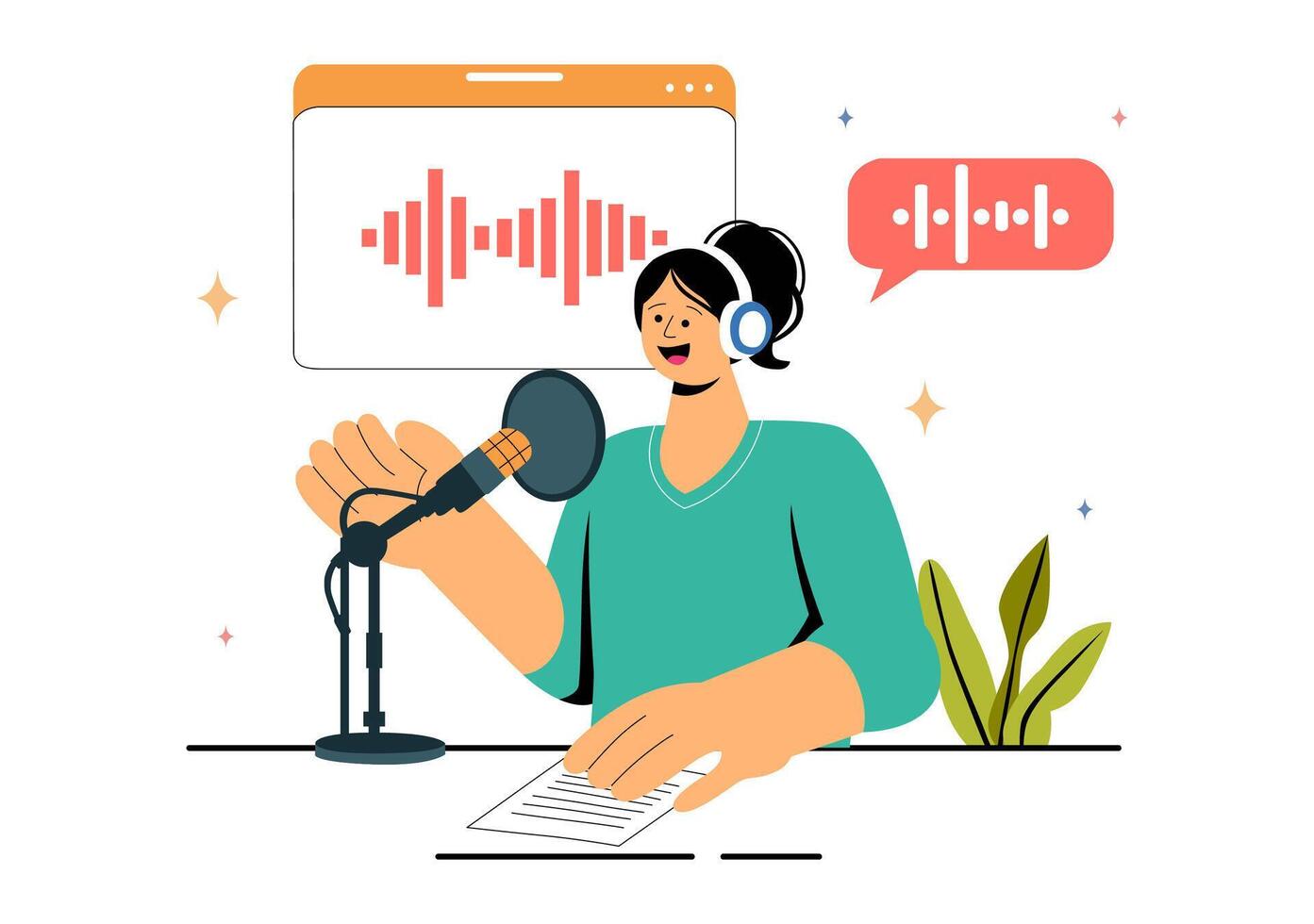 Movie Dubbing Process Illustration Featuring a Voice Actor in Action vector