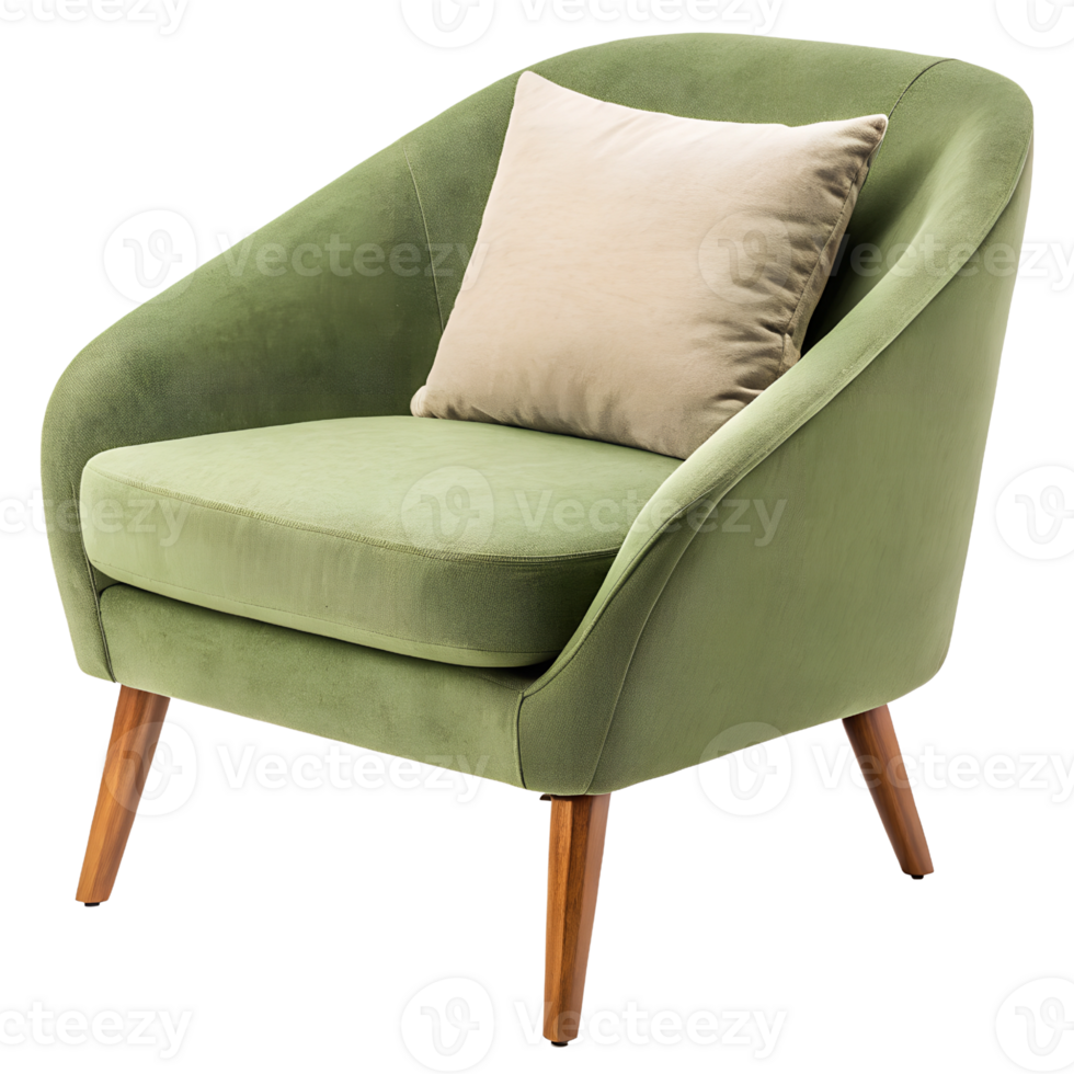 Elegant Emerald Soft Green Velvet Armchair with Wooden Legs and Beige Throw Pillow Isolated On Transparent Background png