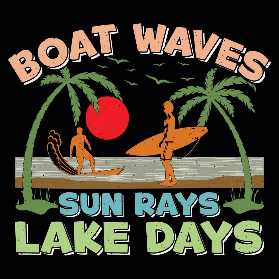 Boat Waves Sun Rays Lake Days Surfing Beach Sunset Lake Vintage Summer Sublimation T-Shirt Design vector