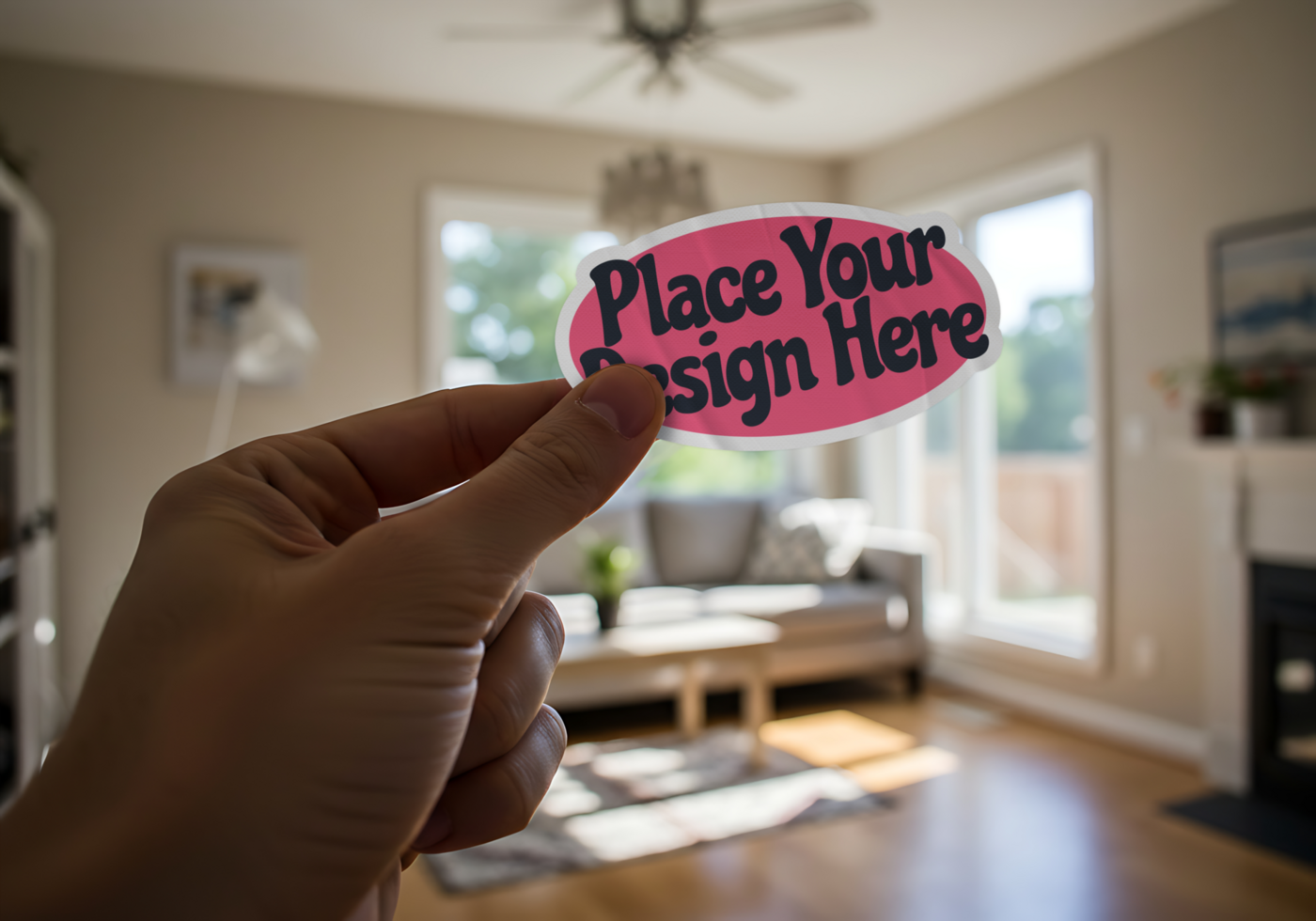hand-held seticker mockup in living room psd