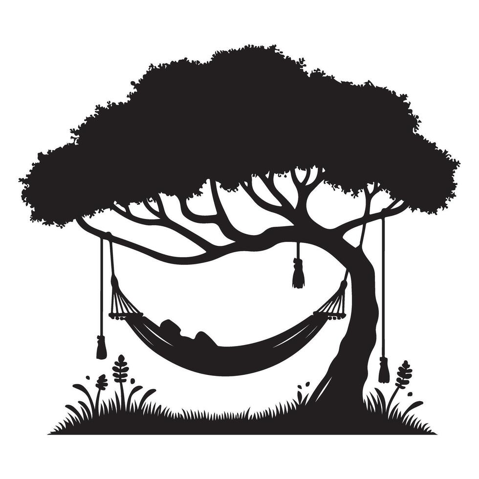 Silhouette of Person Relaxing in Hammock Under Tree Serene Leisure vector