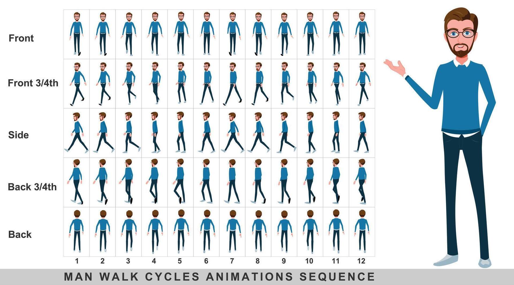 Semi Cartoon Young Businessman WalkCycles Animation Sequence. vector