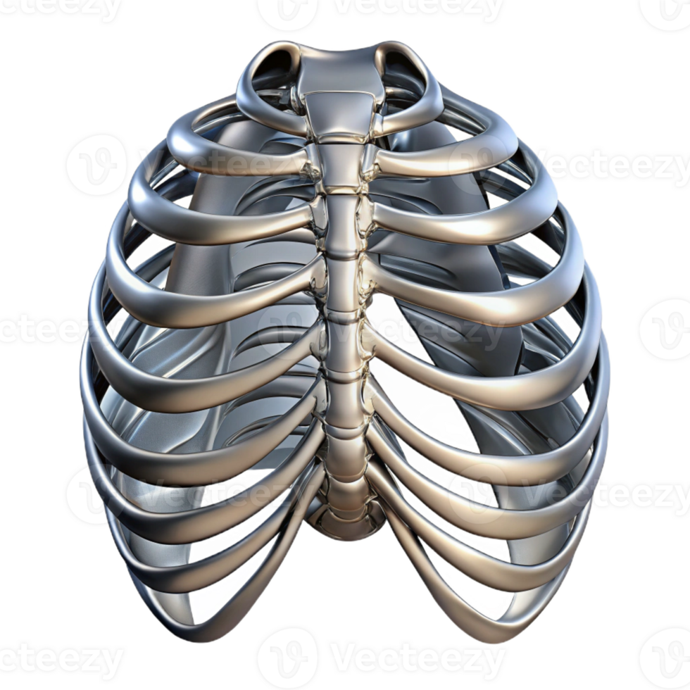 stunning classic Human ribcage augmented with articulated, segmented metal plates, reflecting a harsh, metallic sheen, in a dystopian style high resolution png