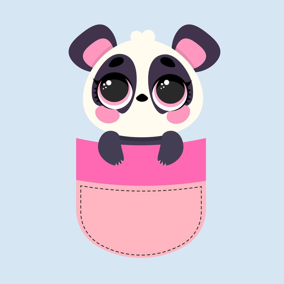 Adorable baby panda with big shiny eyes peeking out from a pink pocket. Perfect illustration for textiles, greeting cards, stickers, children's prints, and kawaii-themed designs vector