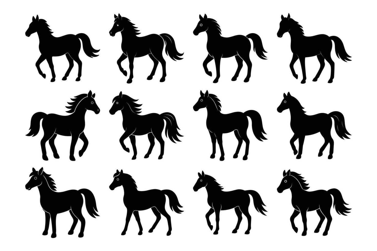 Cute Horse Silhouette Graphic Art Set Bundle Collection vector