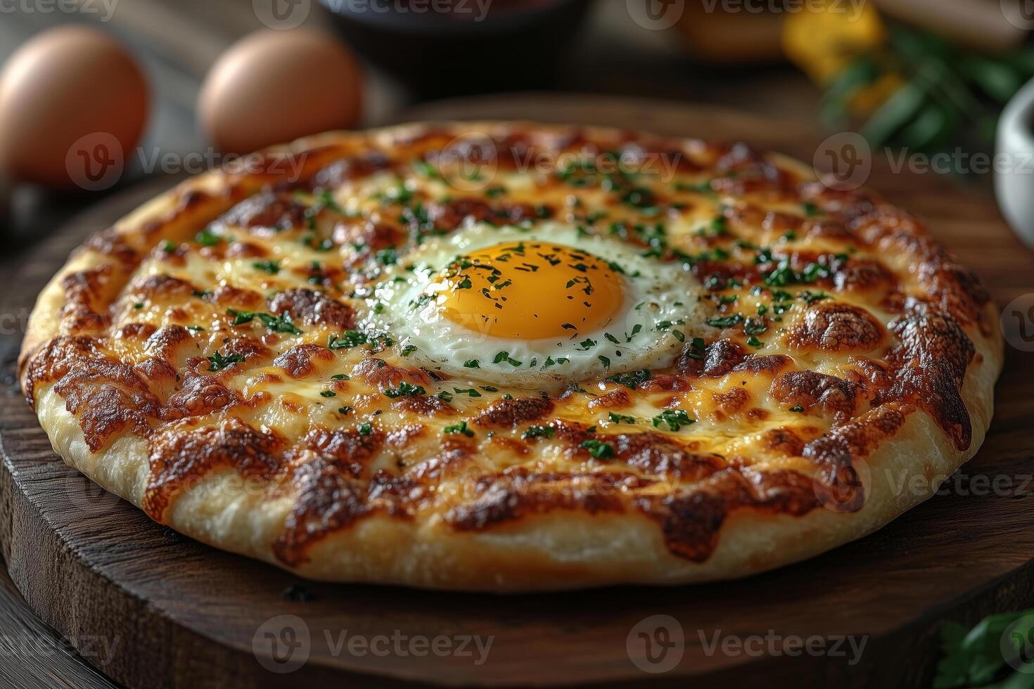 a serving of Georgian khachapuri, oozing with melted cheese and a perfectly cooked egg yolk in the center, presented on a wooden board with soft daylight highlighting the texture photo
