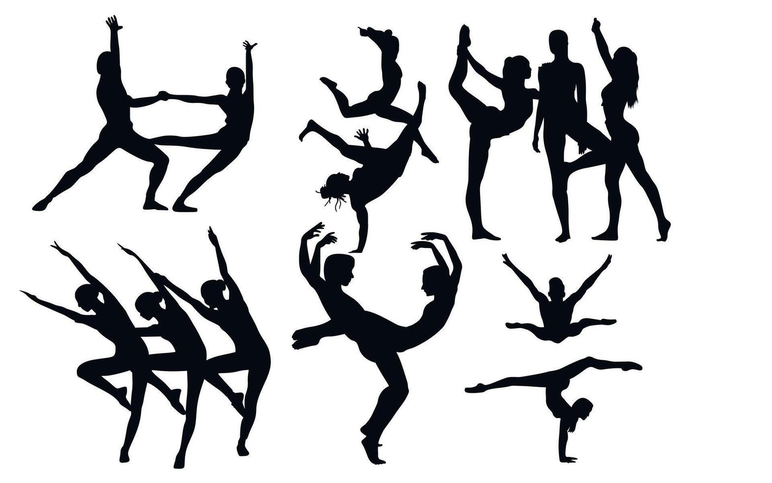 Beautiful set of dancing couples in silhouette black style illustrations isolated on white. Concept of dancing classes, jazz, classic dance. Dancing classes, retro theater performance show party time vector