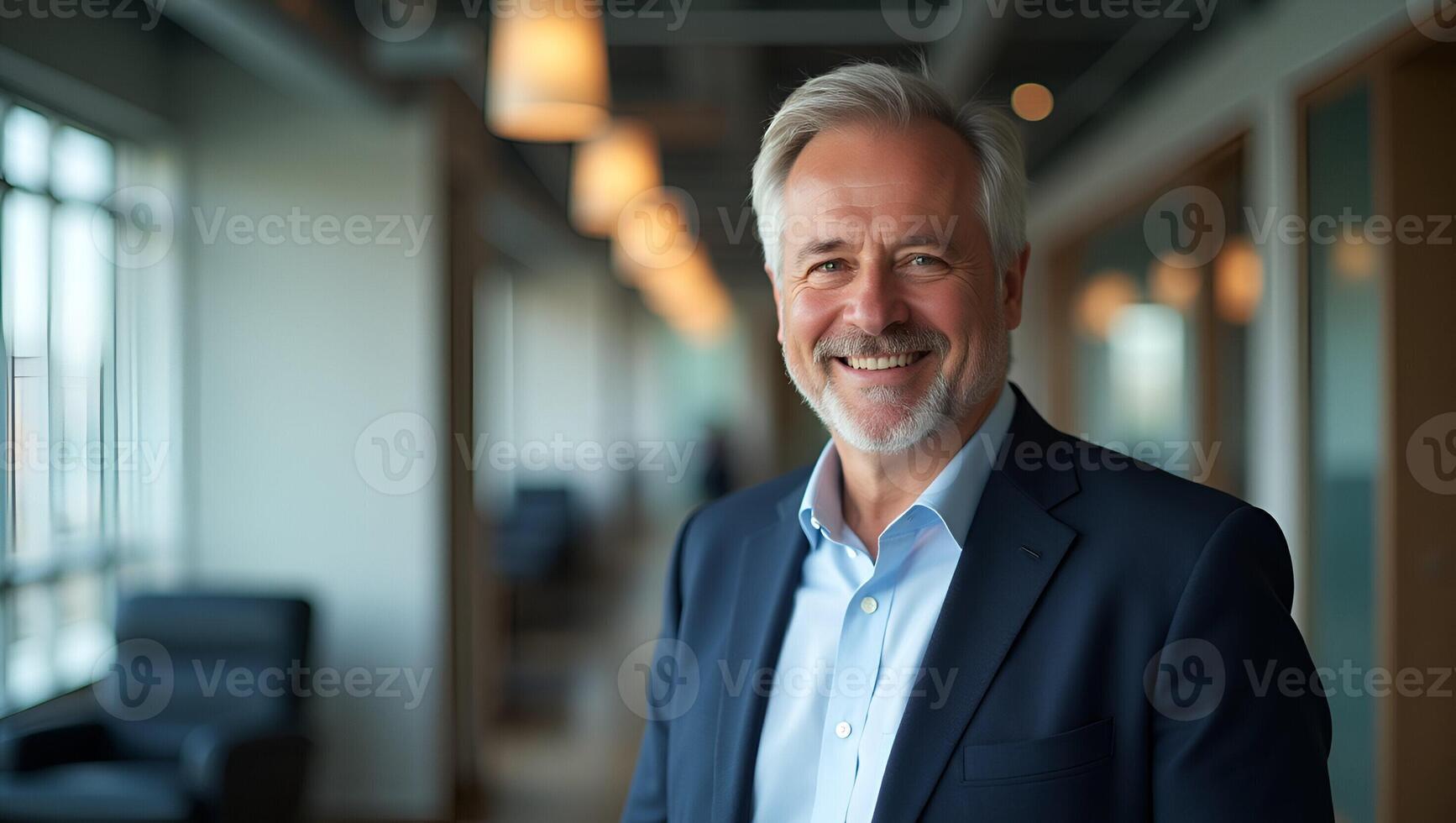 Smiling 50 year old male executive standing in office projecting stability and expert leadership fueling strategic corporate growth concept as Headshot conveys authority reassurin Realistic Set 5 photo