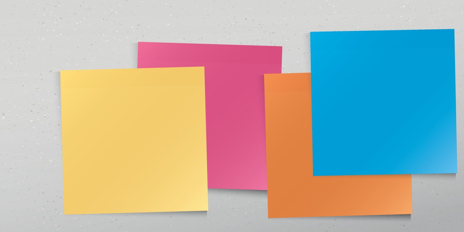 Colorful syicky notes papers square shape superimposed stick on cement wall texture horizontal background graphic illustration. vector