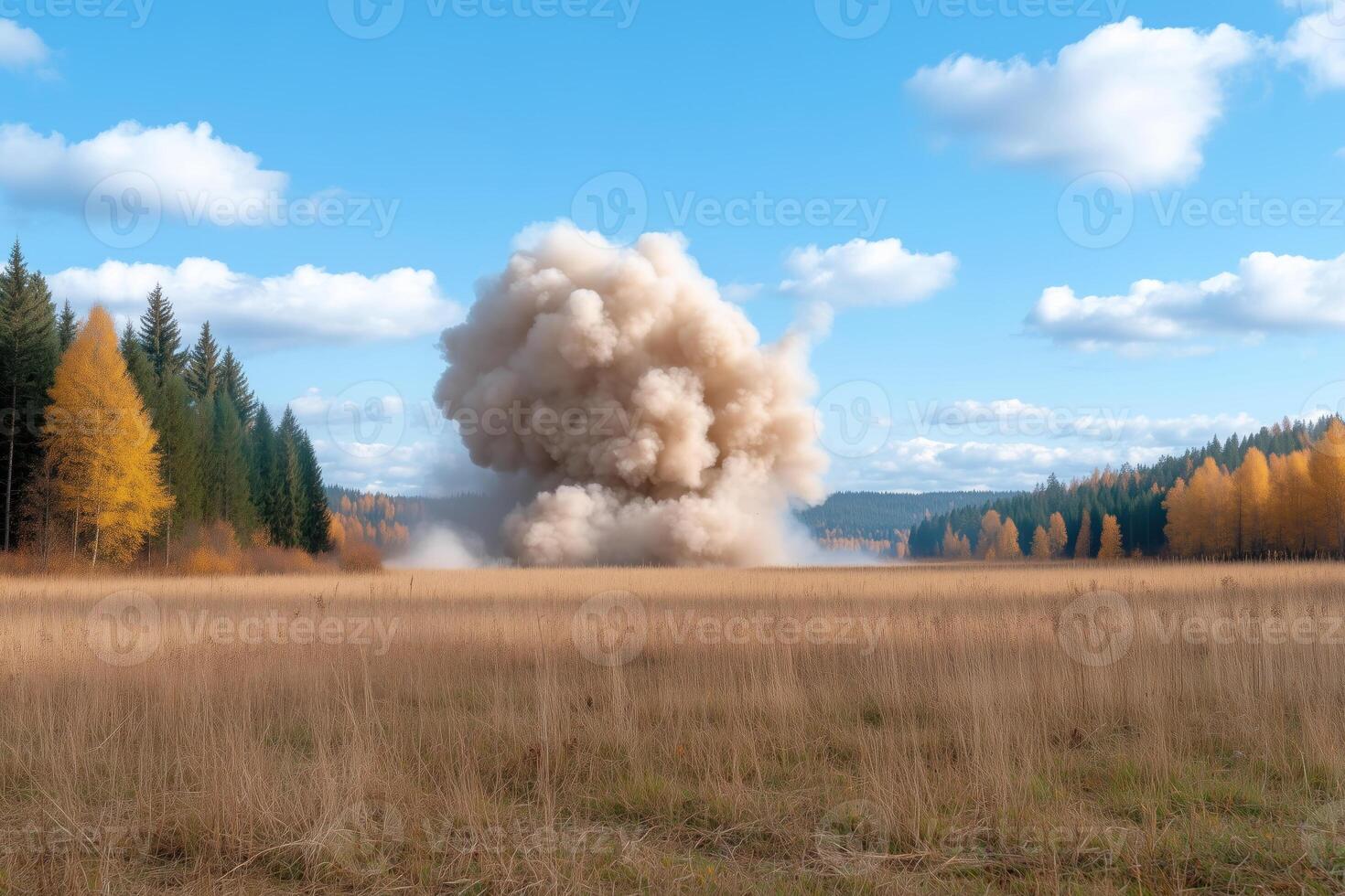Autumn landscape with a huge blast of smoke in the field. photo