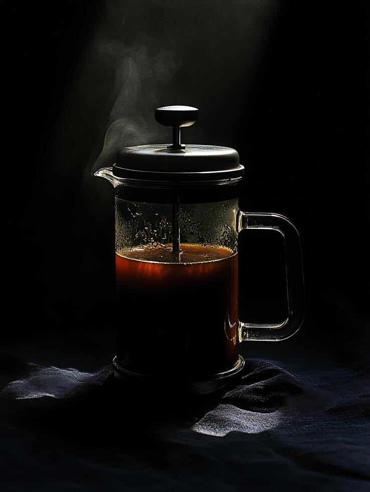 A French press filled with freshly brewed dark coffee photo