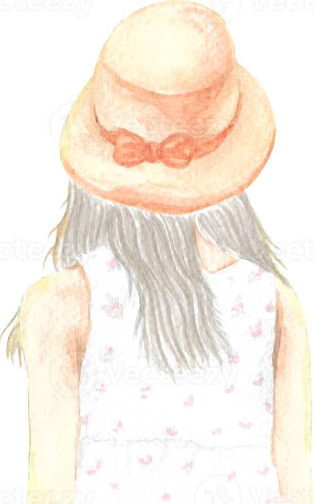 A cute girl wearing a orange hat with long black hair on white shirt that is drawn and painted by hand in watercolor fine art style png