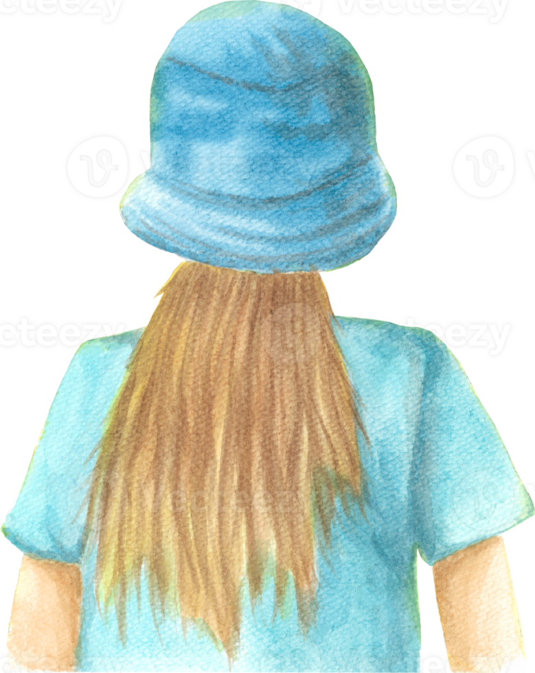 A cute girl wearing a blue hat with long hair on blue shirt that is drawn and painted by hand in watercolor fine art style png