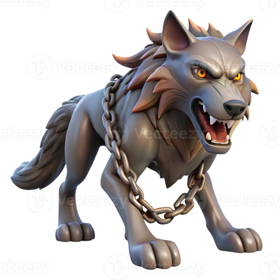 stunning artistic A fierce Fenrir, a monstrous wolf bound by chains, struggling against his restraints, dramatic spotlighting, Norse mythology art style authentic png