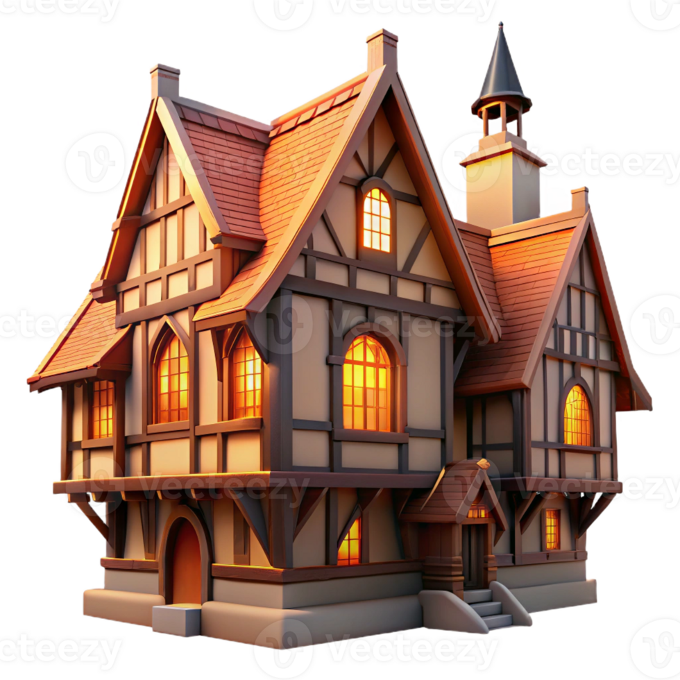 stunning vintage Tudor architecture, half-timbering, gabled roofs, warm light, historical style 4K png