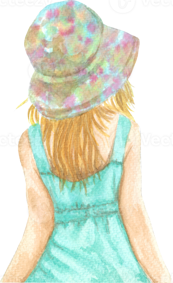 A cute girl wearing a colorful hat with long hair on blue dress that is drawn and painted by hand in watercolor fine art style png