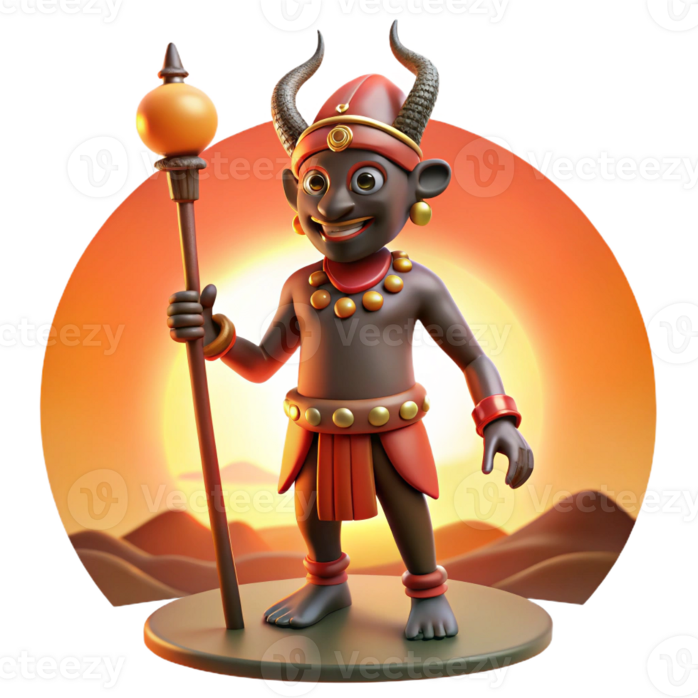 wonderful creative A cunning Yoruba trickster god Eshu, with a long pipe and a mischievous grin, standing at a crossroads bathed in the warm glow of sunset, African tribal art style original png