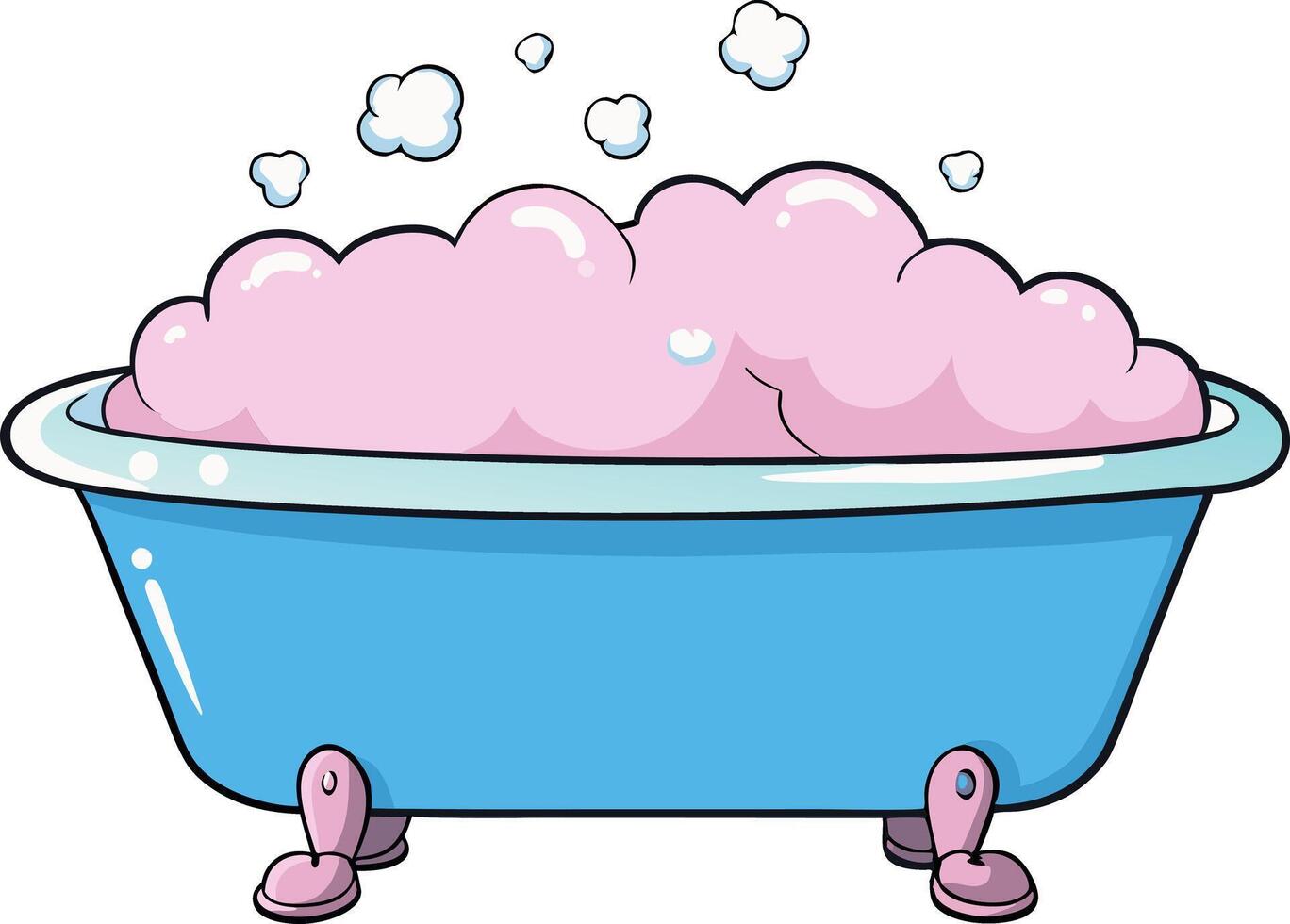 Cozy pastel and outline bathtubs overflowing with bubbles, ideal for wellness, spa, cleanliness, and kids related designs vector