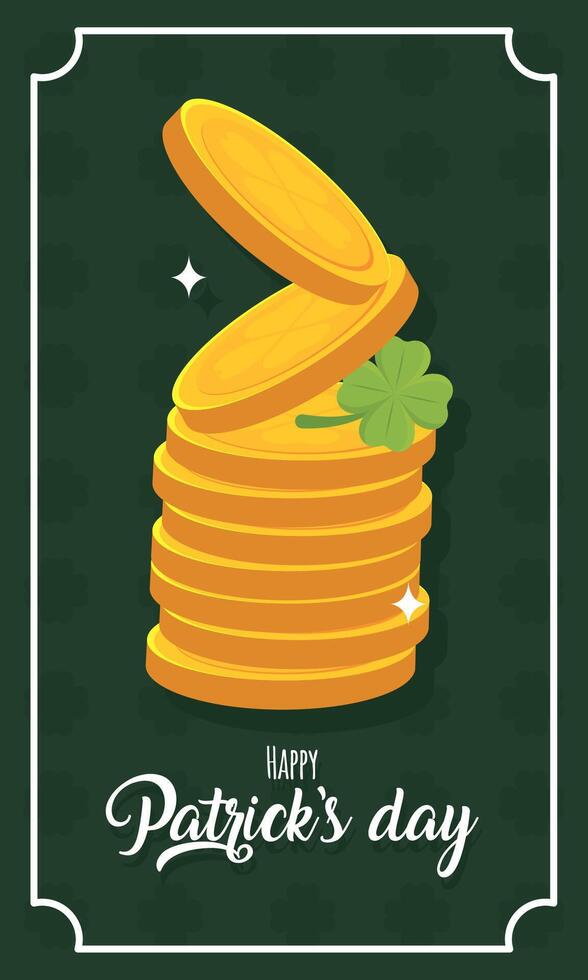 Stacked golden coins and shamrock leaf. vector