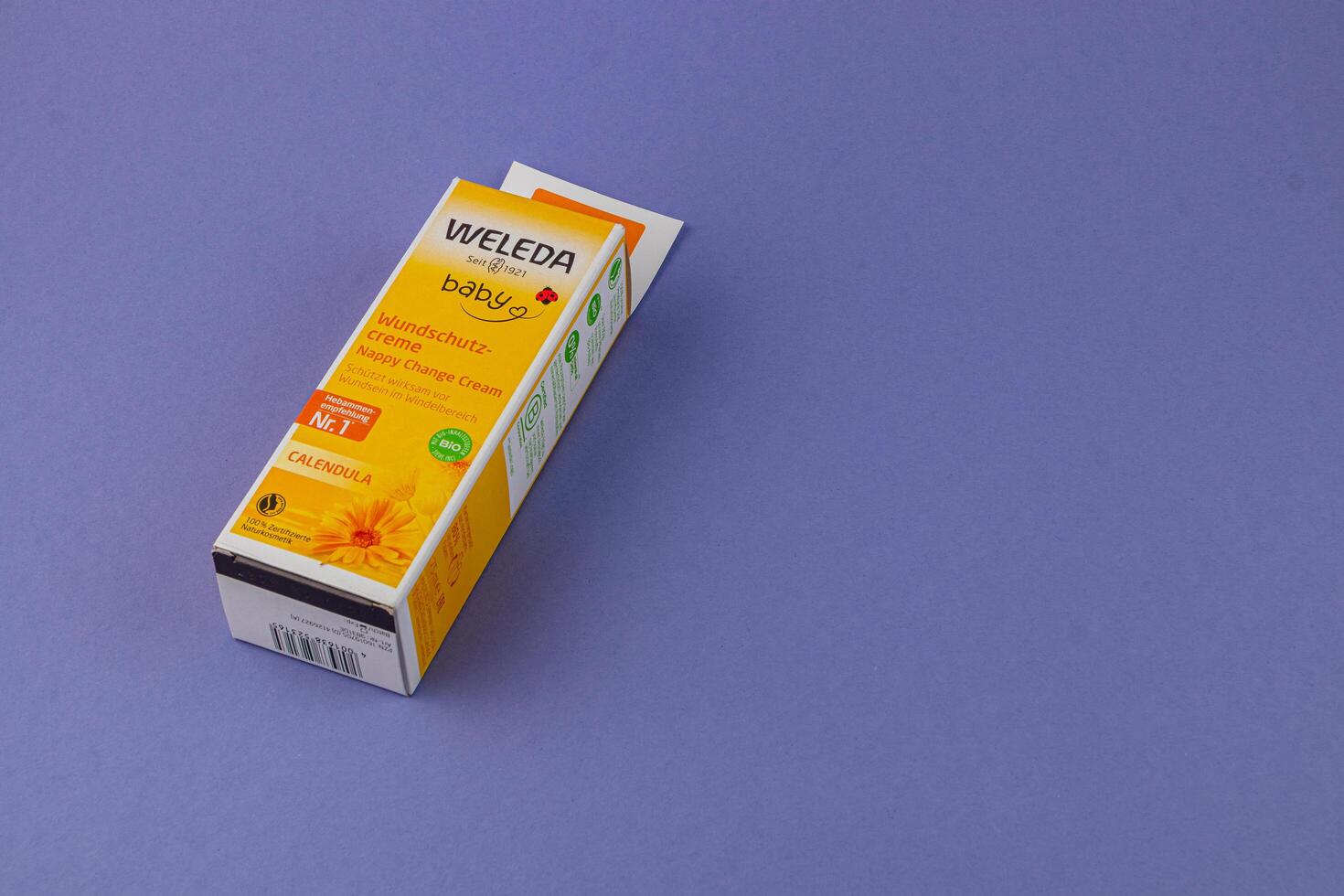 24.03.25 Lviv Ukraine Baby soothing cream box on a purple background photo