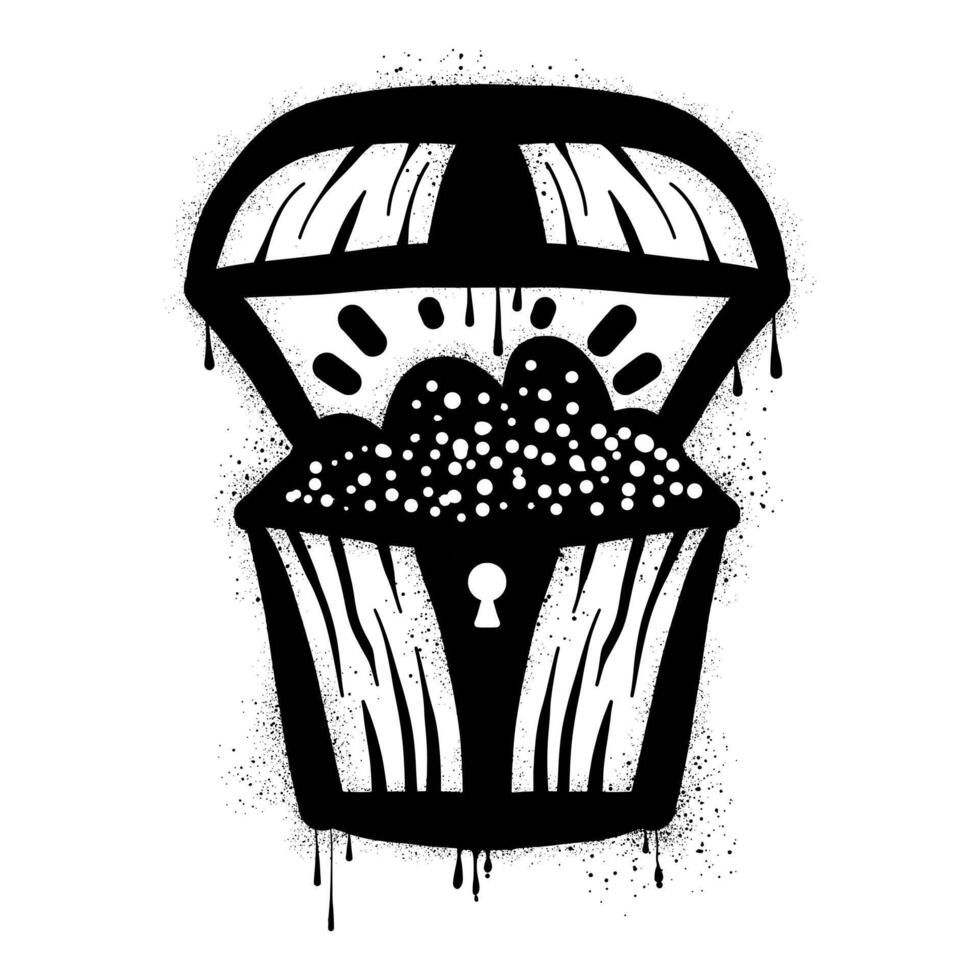 Treasure chest graffiti with open lid drawn in black spray paint vector