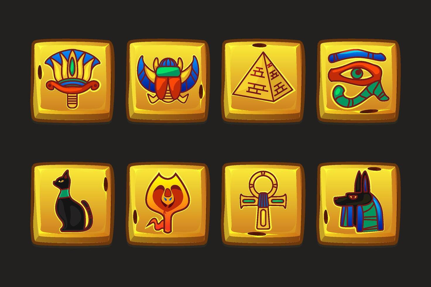 Golden UI symbols set-Egyptian scarab, Lotus, Ankh,Anubis, Snake, Egyptian Cat, Pyramid and eye of Horus vector