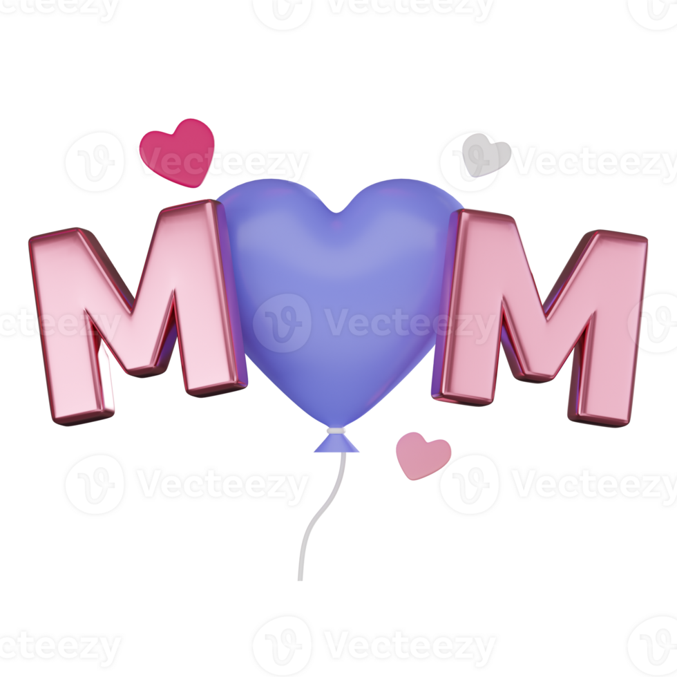 3D Rrender Typography Mom Heart Balloons with Flowers for Mother Day. Icon illustration png