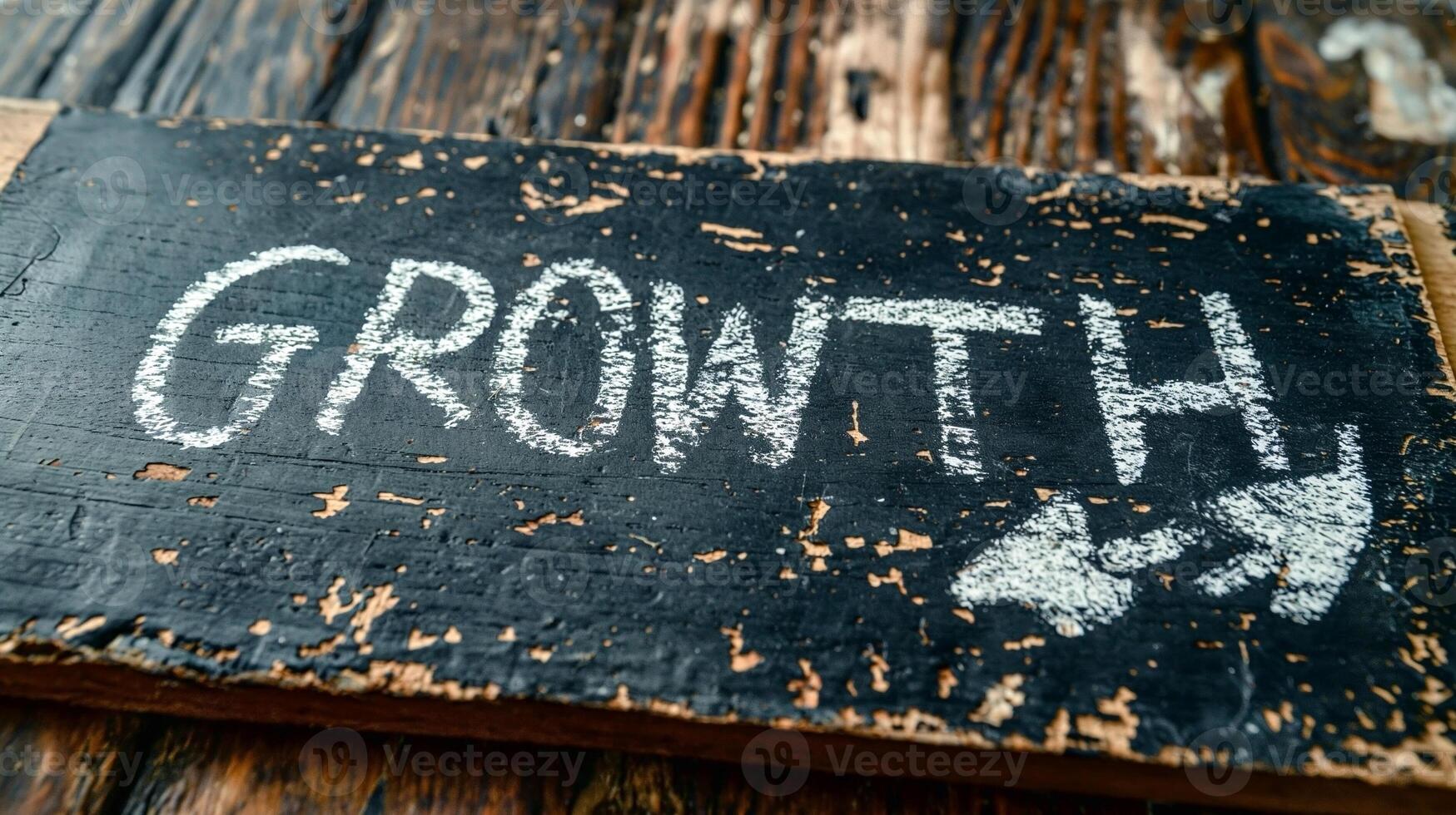 A rustic wooden chalkboard sign displaying the word 'Growth' with an arrow, symbolizing progress and development. photo