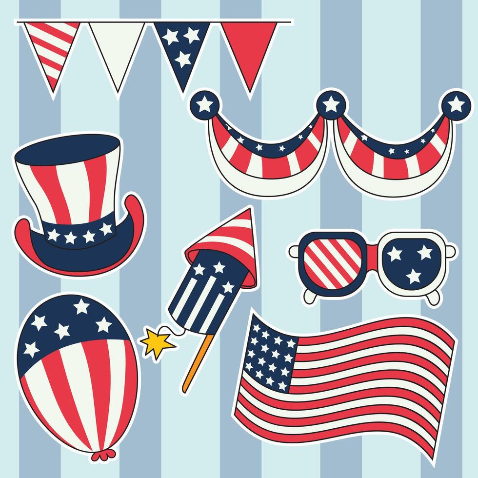 Festive 4th of July elements celebrating U.S. Independence Day with patriotic icons and vibrant style vector