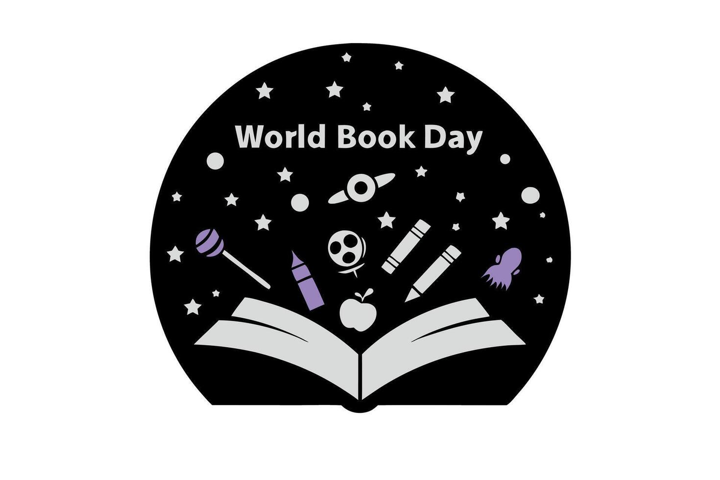 Creative World Book Day design showing an open book with a rocket and celestial elements, symbolizing imagination and adventure vector