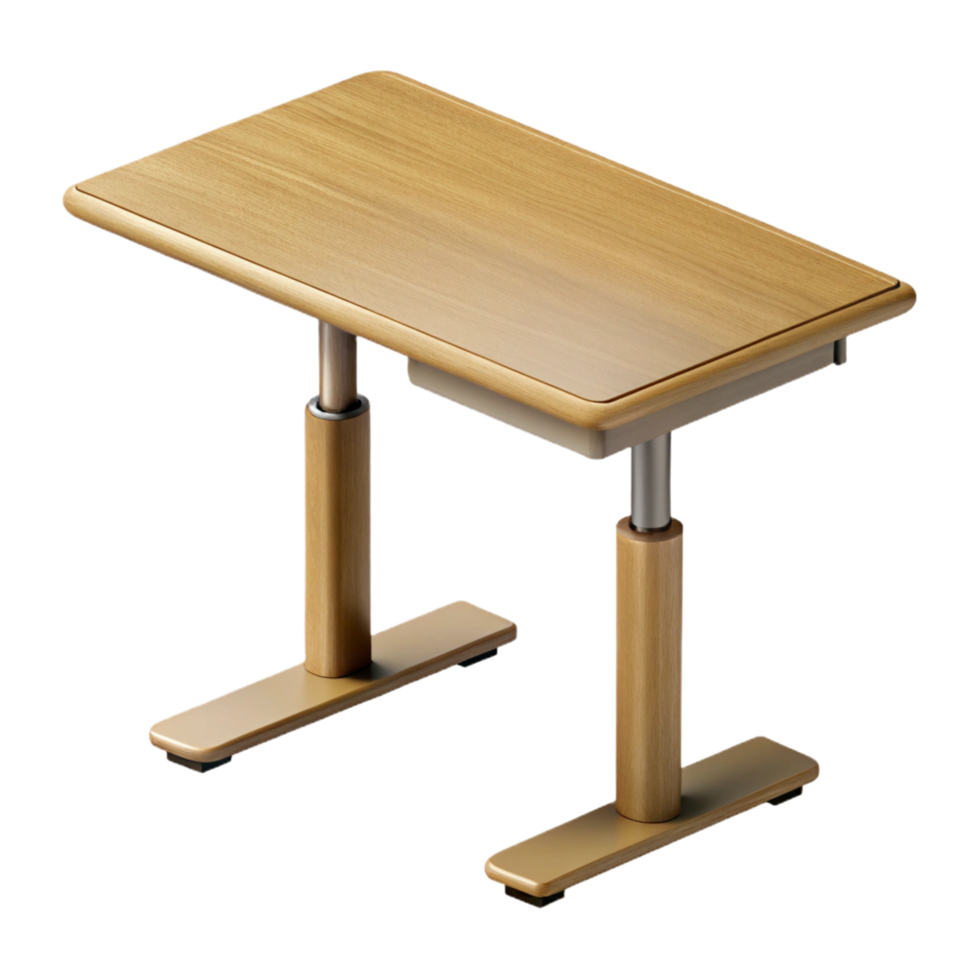 beautiful whimsical tropical Standing desk, adjustable height, woograin finish, minimalist design, studio lighting, isolateon transparent background,high-resolution product photography fine detail png