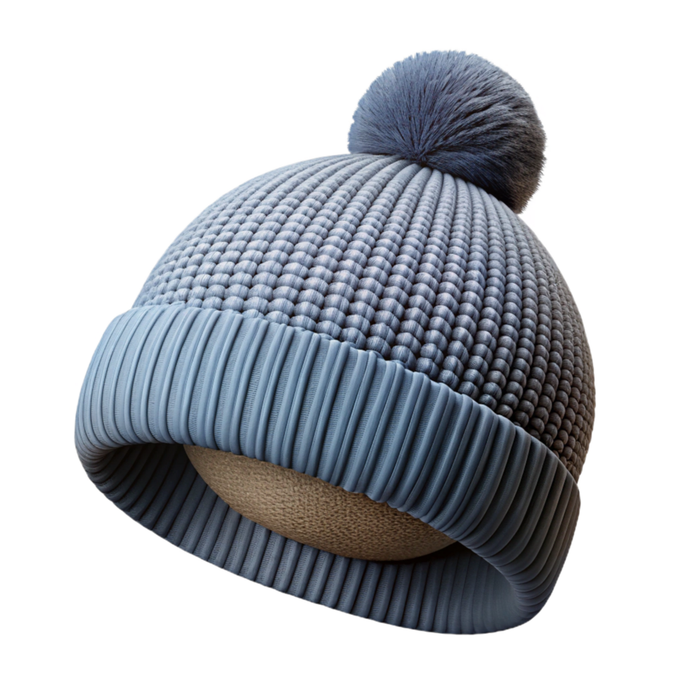 signature industrial Knittewool beanie with a pompom on top, textureknit pattern, studio lighting, front view, isolateon transparent background,high-resolution product photography fine detail png