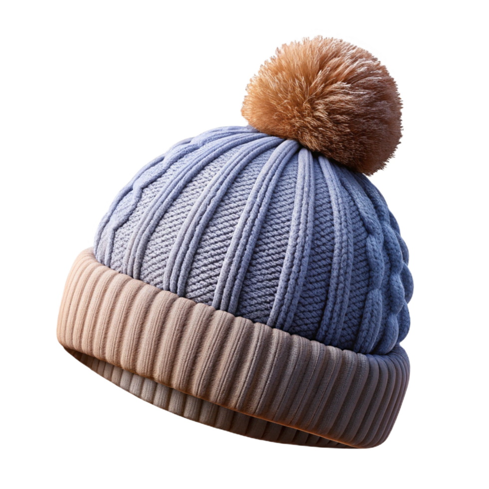 serene renaissance Knittewool beanie with a pompom on top, textureknit pattern, studio lighting, front view, isolateon transparent background,high-resolution product photography high quality png
