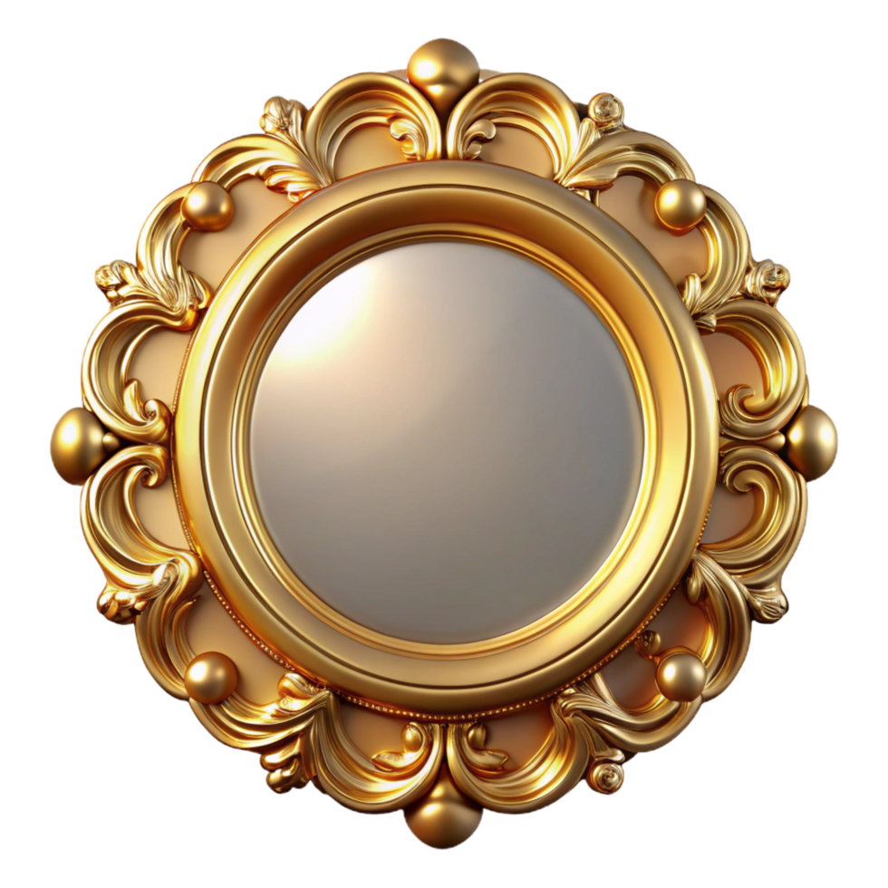 intense sumptuous Rounwall mirror, golframe, ornate design, studio lighting, front view, isolateon transparent backgrounprecision png