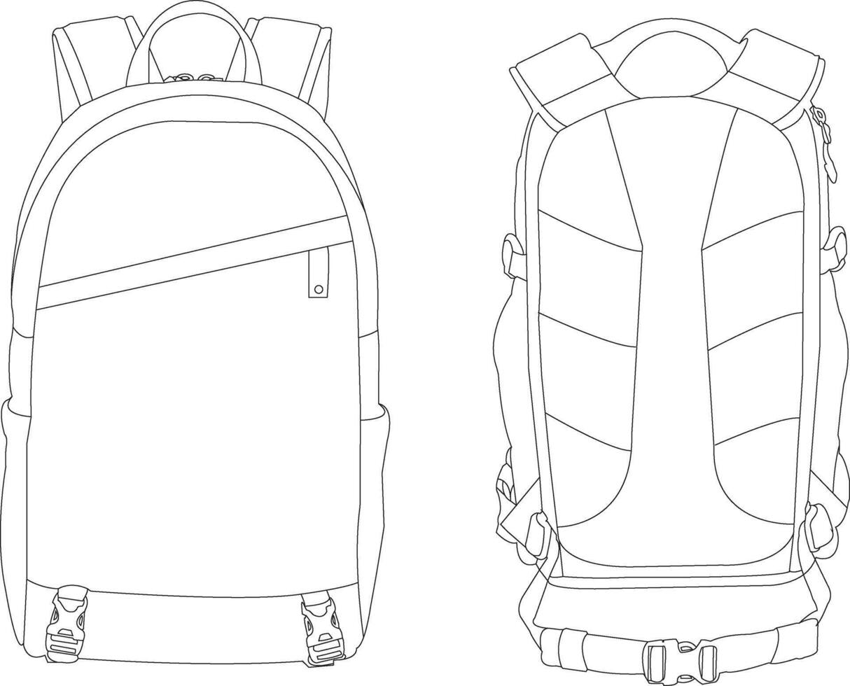 Set of backpack outline drawing, set of Backpack in a sketch style, trainers template outline, Illustration, Travel bag backpack doodle style illustration vector